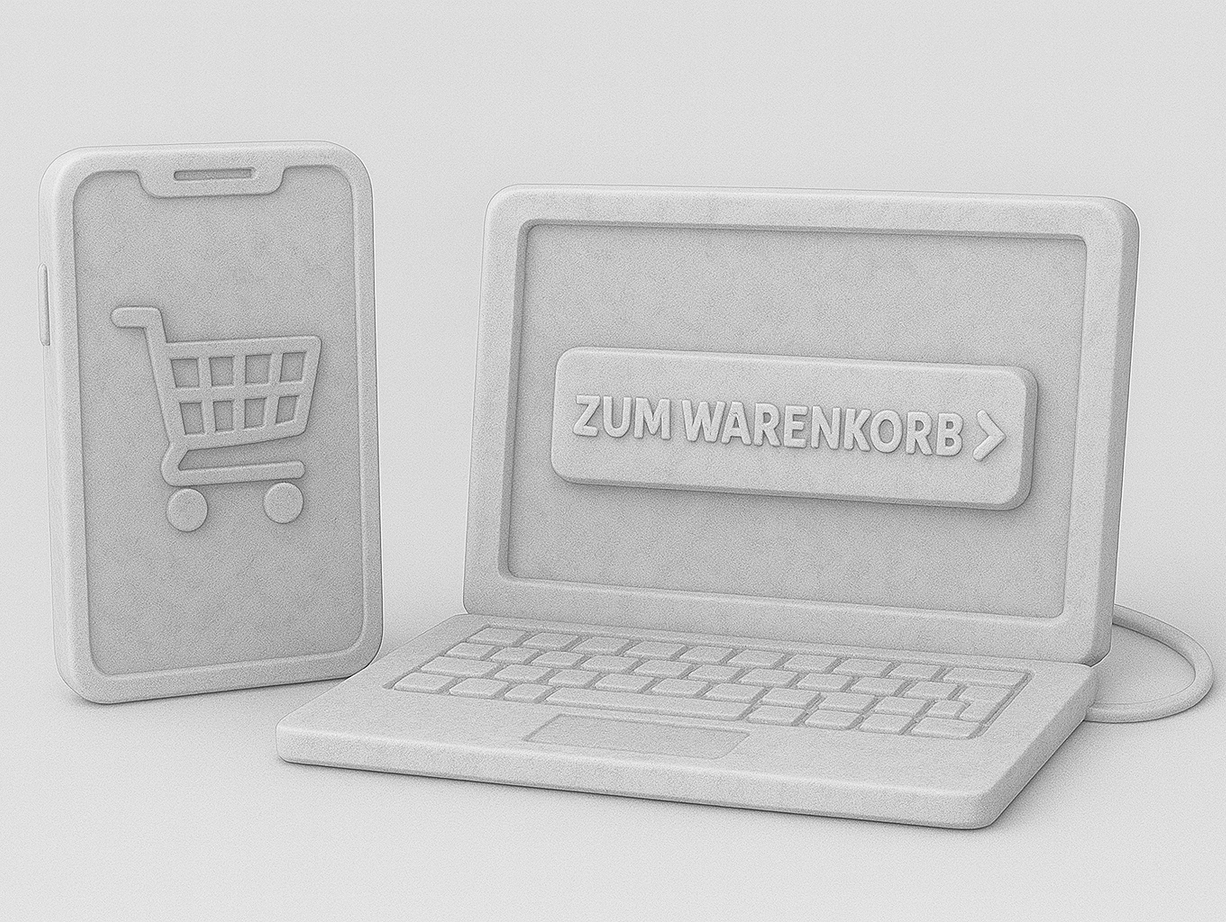 Illustration zum E-Commerce mit Smartphone, Einkaufswagen-Symbol und Laptop mit ‚Zum Warenkorb‘-Button als Darstellung von Online-Shopping, Checkout und digitalem Handel.
