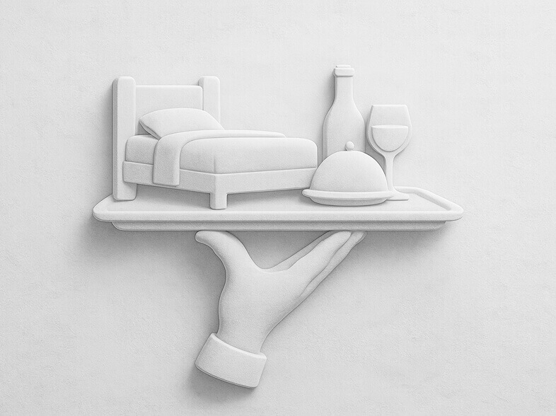 Illustration eines Hotelbetts, eines gedeckten Tisches mit Weinflasche und Gläsern – Symbol für Gastronomie, Hotellerie und digitale Gästegewinnung.