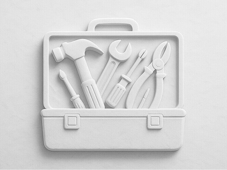Illustration eines Werkzeugkastens mit Hammer, Schraubenzieher, Zange und Säge – Symbol für Handwerk, Baubranche und moderne digitale Auftritte für Betriebe.