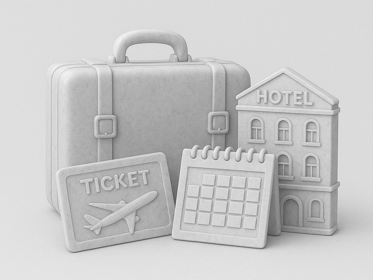 Illustration zum Thema Tourismus mit Koffer, Hotelgebäude, Flugticket und Kalender als Symbole für Reisen, Buchungen und Destinationen. Das Bild unterstützt den Abschnitt zu digitalen Lösungen im Tourismus, inklusive Webdesign, Social Media und strategischer Markenführung.